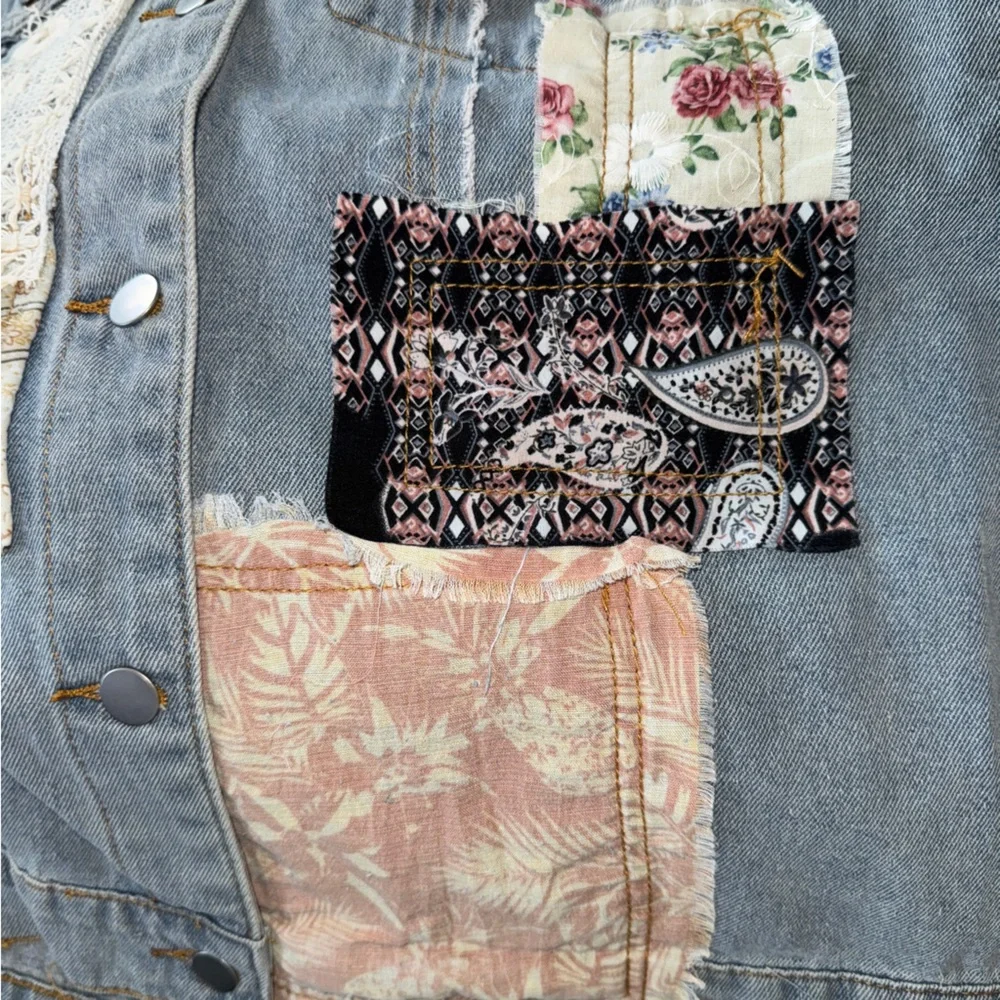Patchwork Denim and Lace Jacket Distressed Boho Denim Shacket Mixed Floral Lace - Picture 15 of 17